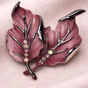 Vintage BSK Enamel Leaf Brooch Burgundy Aurora Borealis Rhinestones Signed 1950s